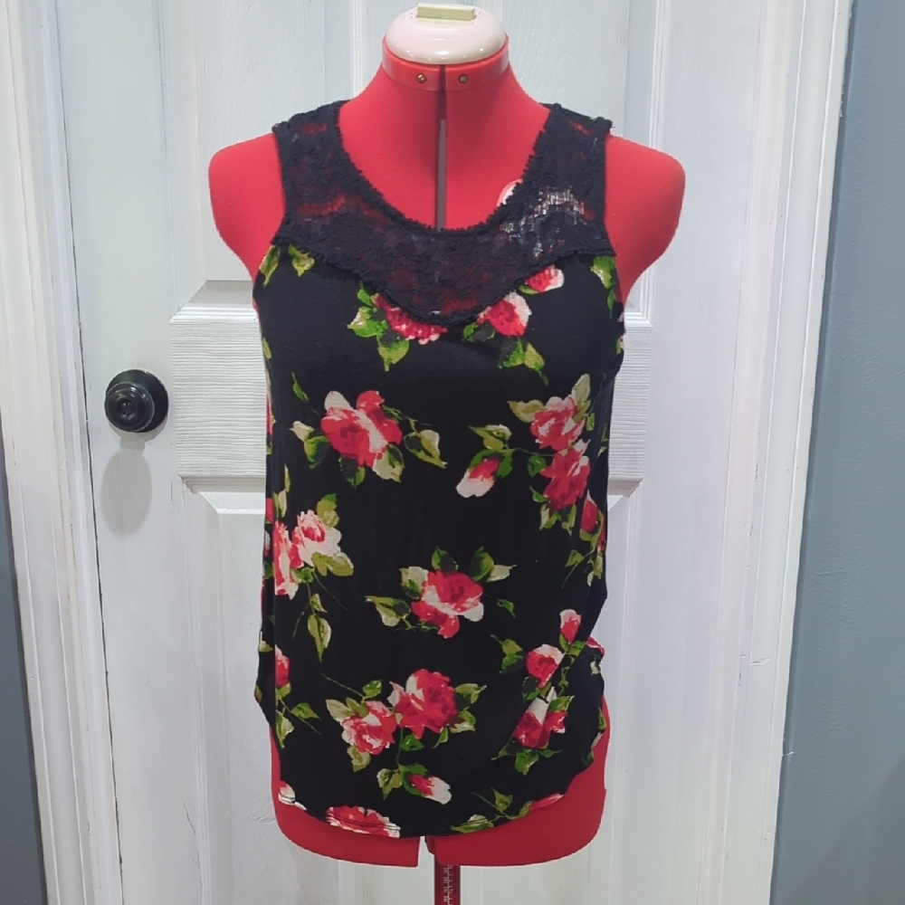 Ambiance Black Floral Tank Top with Lace